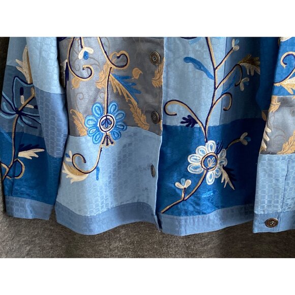Women Indigo Moon Cotton Silk Embroidered Flower Patchwork Blue Teal Jacket  M - Picture 10 of 15
